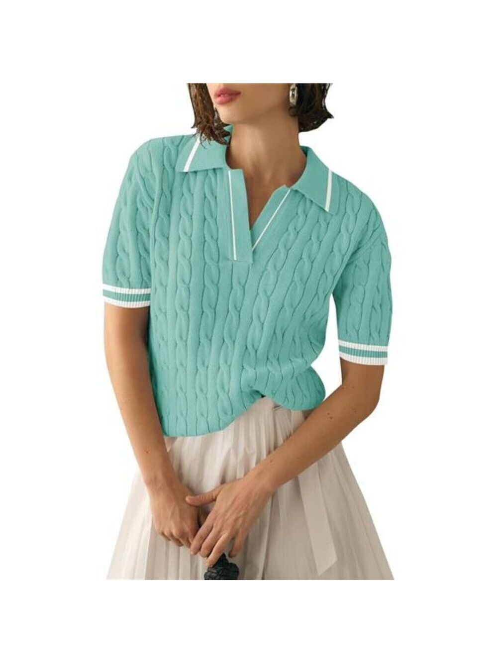 Women’s Short Sleeve Lightweight Cable Knit Sweater Top Mint Green V-Neck Blouse